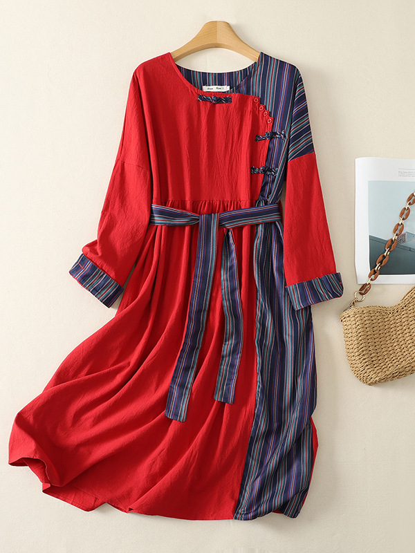 Ethnic Style Dresses - ชุดเดรสผู้หญิงไซส์ใหญ่สไตล์ญี่ปุ่นระดับไฮเอนด์ ดีไซน์ศิลปะ ตัดต่อสี กระโปรงยาว สไตล์ชาติพันธุ์ วินเทจ