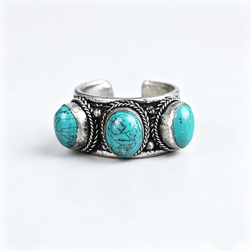 Ethnic Fashion Com - แหวนทิเบตแหวนทองแดงฝัง3เม็ดสีเทอร์ควอยซ์แหวนเปิดสำหรับผู้ชาย R211เครื่องประดับทิเบต