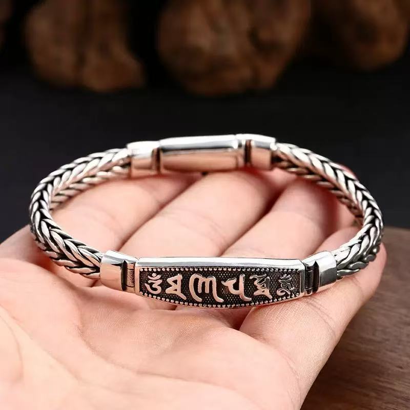 Ethnic Wear Men'S Fashion - กำไลข้อมือวินเทจลายมนต์โอม มณี ปัทเม ฮุมแบบทิเบต กำไลโลหะถักสไตล์เรโทร สำหรับผู้ชาย