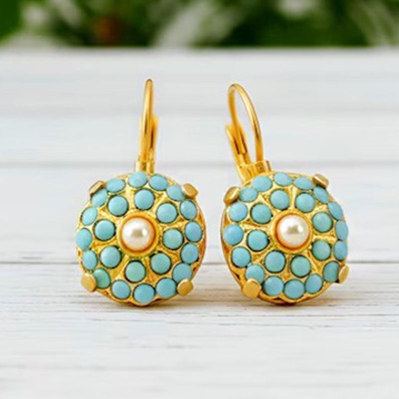 Ethnic Fashion Wear For Women - ต่างหูห้อยประดับมุกเทียมสีฟ้าครามสไตล์วินเทจสำหรับผู้หญิง ดีไซน์เรขาคณิตสีทอง เหมาะสำหรับใส่ในชีวิตประจำวันและงานปาร์ตี้