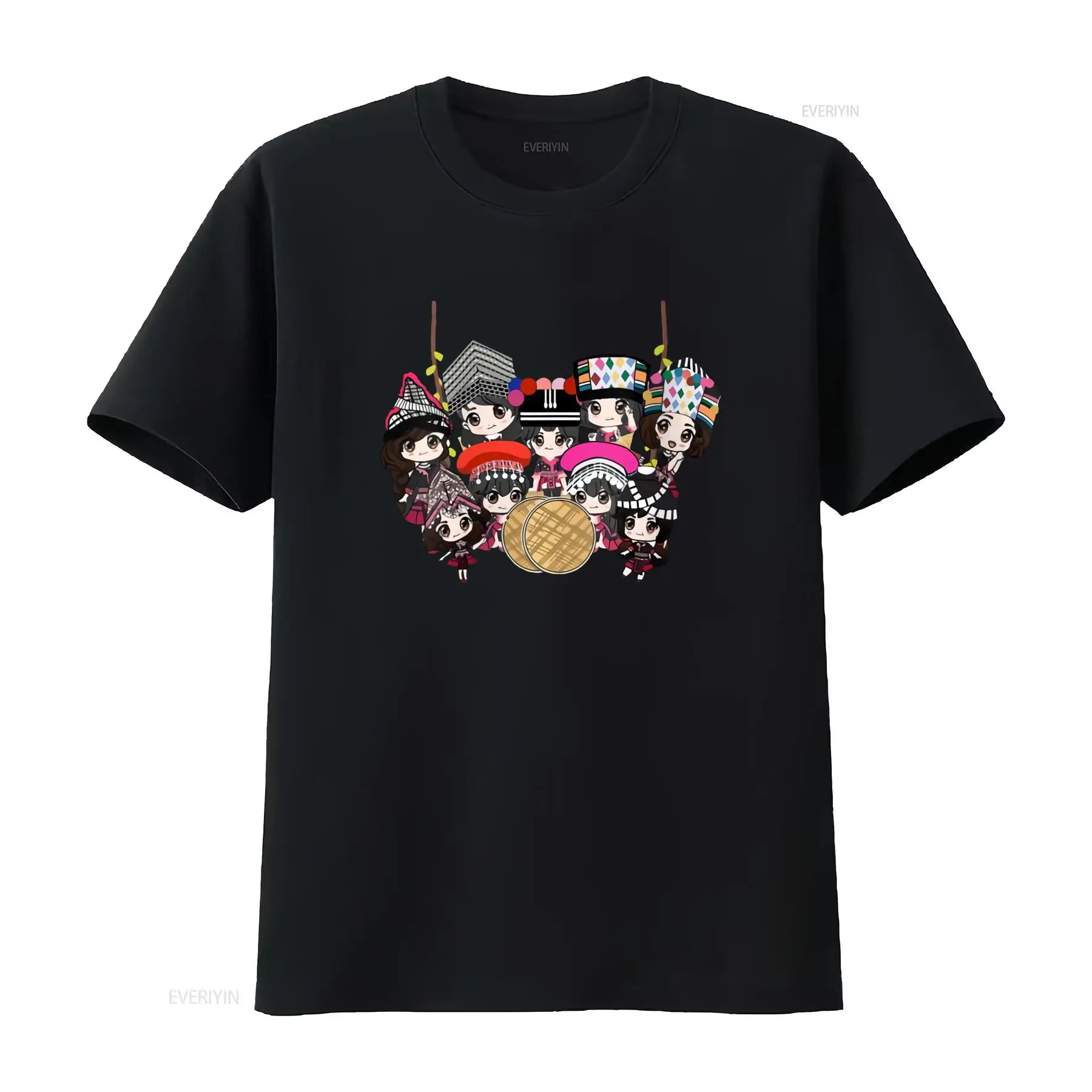 Ethnic Wear Men'S Fashion - เสื้อยืดพิมพ์ลายการ์ตูนเด็กหญิงชาวม้ง 9 คน รุ่น U1K5 สไตล์ชาติพันธุ์สีสันสดใส