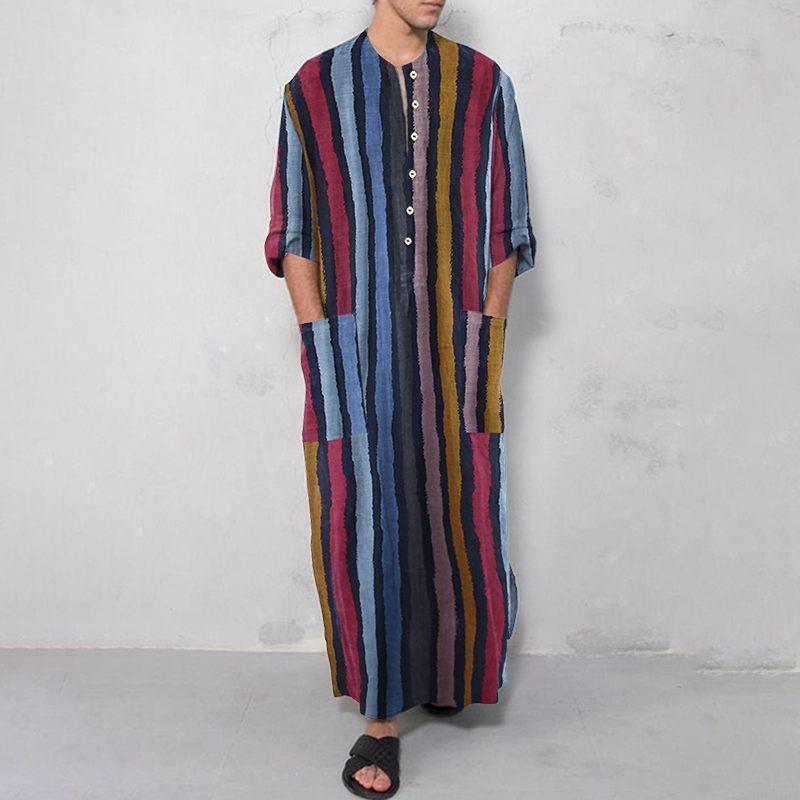 Ethnic Wear Fashion Designer - เสื้อเชิ้ตชายลายทางยาวพิมพ์ลาย สไตล์ชาติพันธุ์ ชุดลำลอง วัสดุอื่นๆ 100% ดีไซน์จีนโบราณ