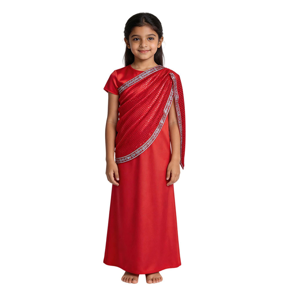 Ethnic Gown - ชุดเดรสเด็กผู้หญิงสไตล์อินเดียสีแดงประดับเลื่อม ชุดส่าหรีแบบดั้งเดิมสำหรับเด็ก ชุดสำหรับงานเทศกาลดีวาลี งานแต่งงาน งานคาร์นิวัล และการแสดงบนเวที