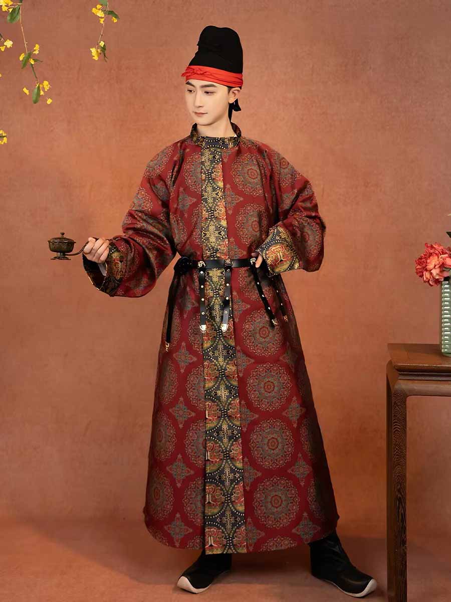 Ethnic Gown - ชุดฮั่นฝูโบราณสำหรับผู้ชาย ลายดอกไม้สีแดง คอทรงกลม ผ้าแจ็คการ์ด ชุดจีนโบราณสำหรับงานแต่งงาน