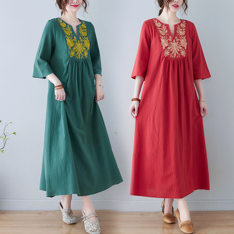 เดรสผ้าฝ้ายลินินปักลายสไตล์ชาต - Ethnic Style Dresses บทวิจารณ์และราคา