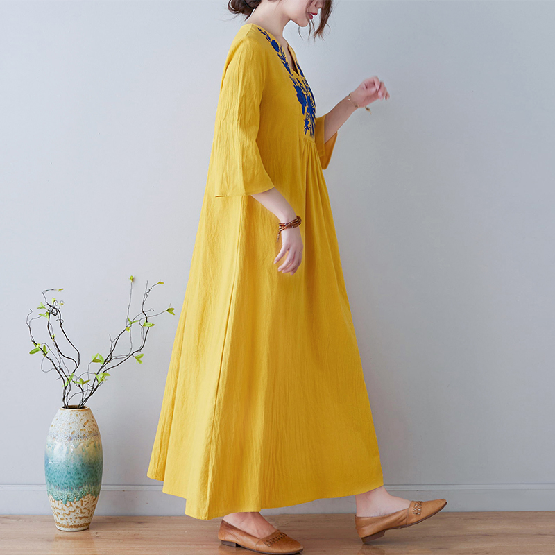 เดรสผ้าฝ้ายลินินปักลายสไตล์ชาต - Ethnic Style Dresses บทวิจารณ์และราคา