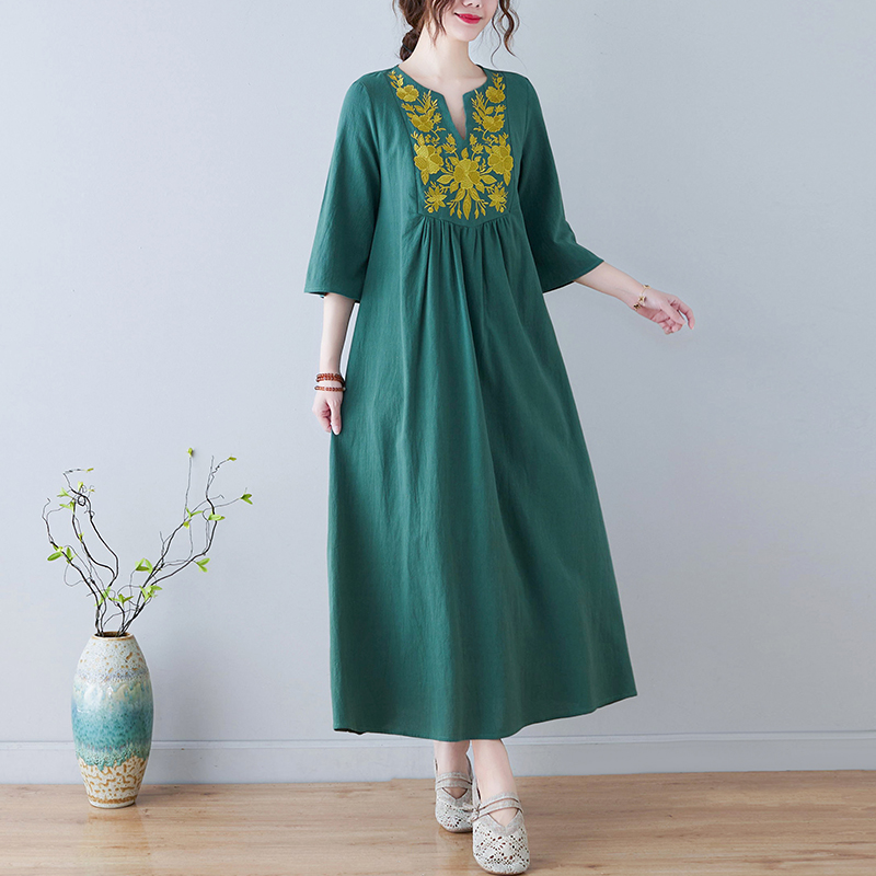 เดรสผ้าฝ้ายลินินปักลายสไตล์ชาต - Ethnic Style Dresses บทวิจารณ์และราคา
